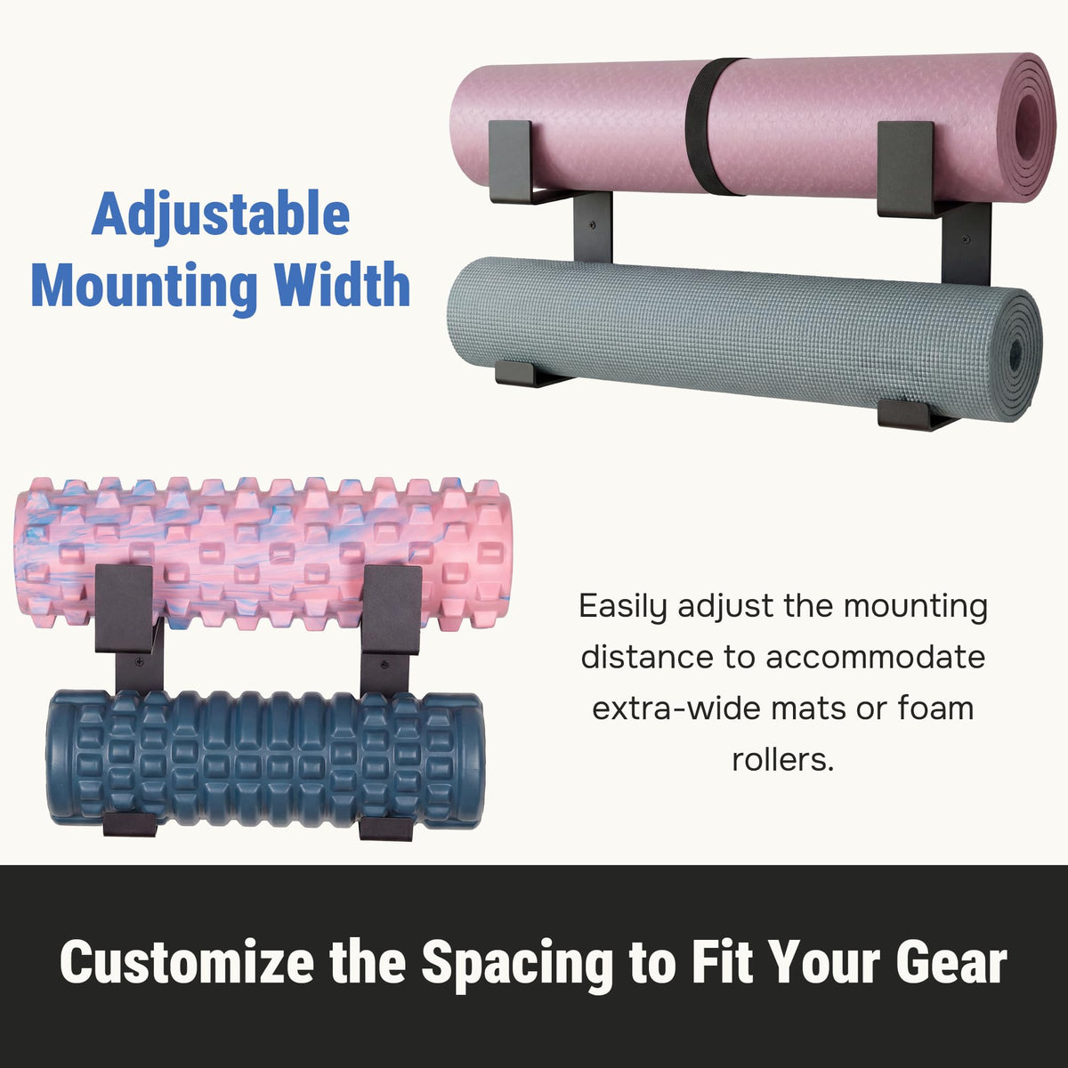 RoakyRoasy Yoga Mat Holder with Protective Padding Wall Mount Steel Storage Rack, 2 Tier Adjustable Width Hanger for up to 4 Foam Rollers, Easy Installation
