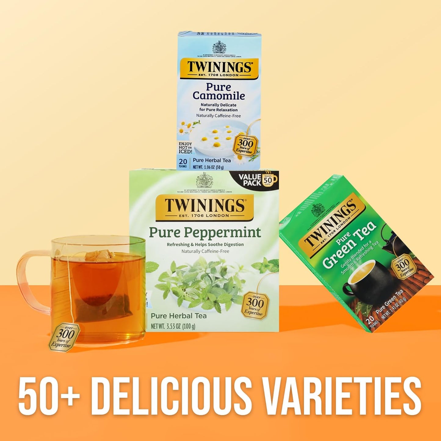 Twinings Pure Peppermint Herbal Tea - 50 Individually Wrapped Bags | Fresh Minty Flavor, Caffeine-Free
