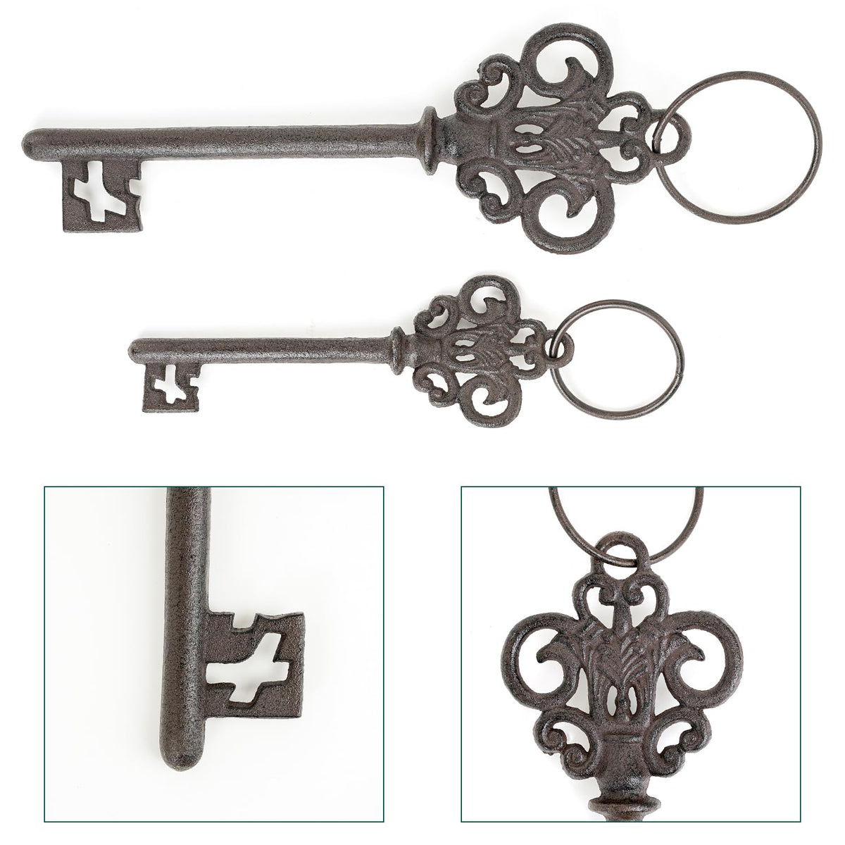 Sungmor Cast Iron Skeleton Keys, Set of 2 Large Old Fashioned, Decorative Wrought Iron Wall Art, Home Garden Farmhouse Halloween Decor, Rustic Brown
