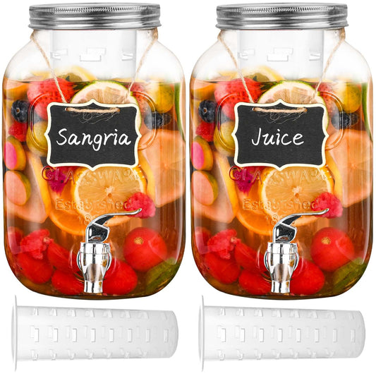 Eleganttime 1 Gallon Glass Drink Dispensers for Parties,2 Pack Beverage Dispenser with Fruit Infuser,Laundry Detergent Dispenser Punch Bowls Water Juice dispensers with Easy Flow Spigot for Outdoor