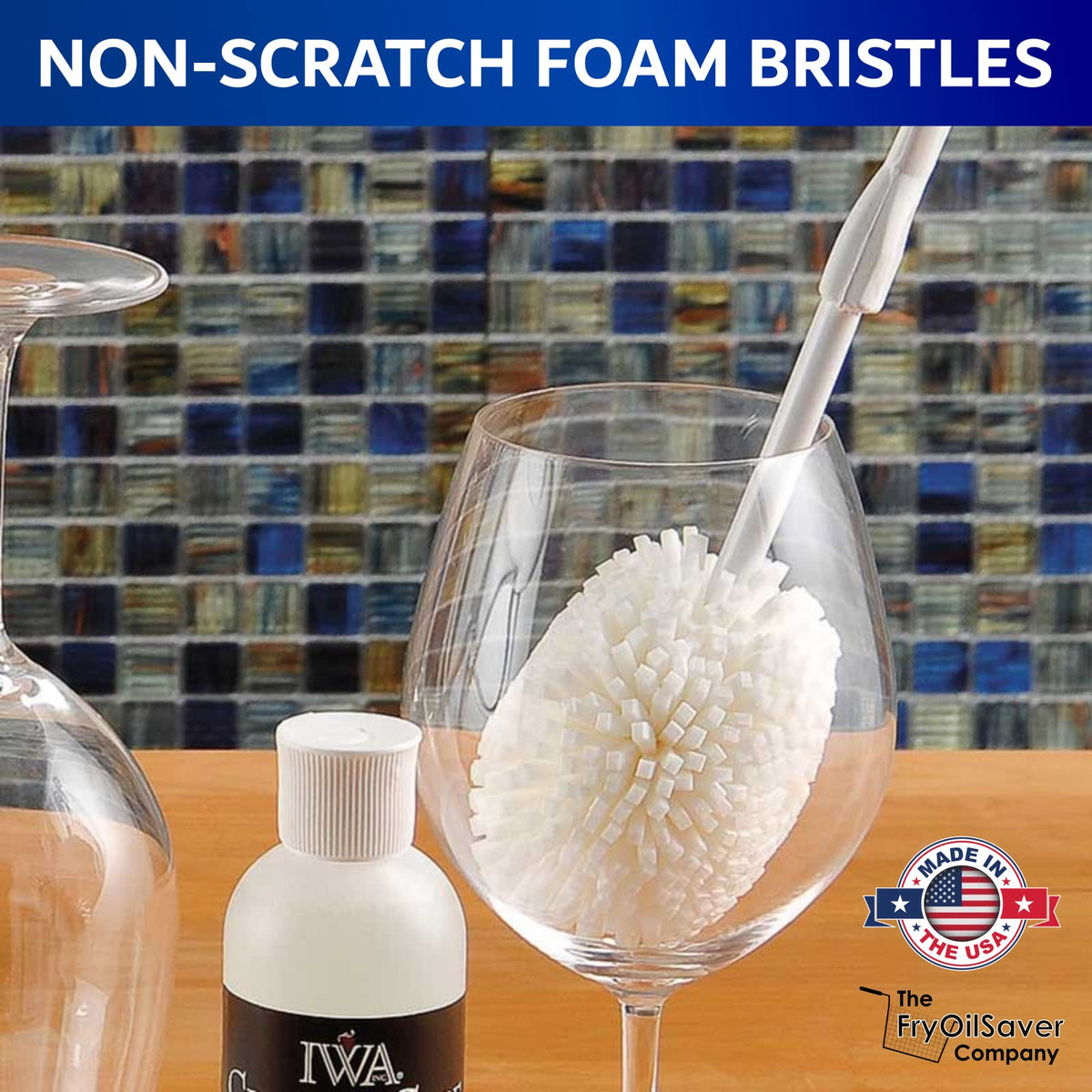 Set of 2 Crystal Stemware & Goblet Glass Cleaning Brush Kit - Non-Scratch Foam Wine Glass Brushes for Washing Glasses, Decanter, Mug, Stemware - for Home, Restaurant, Bar, Hotel - by FryOilSaver Co.