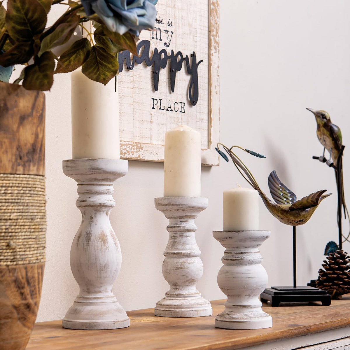 NIKKY HOME Rustic Pillar Candle Holder Set - Farmhouse Wood Stand for Mantle & Dining Table, Distressed White