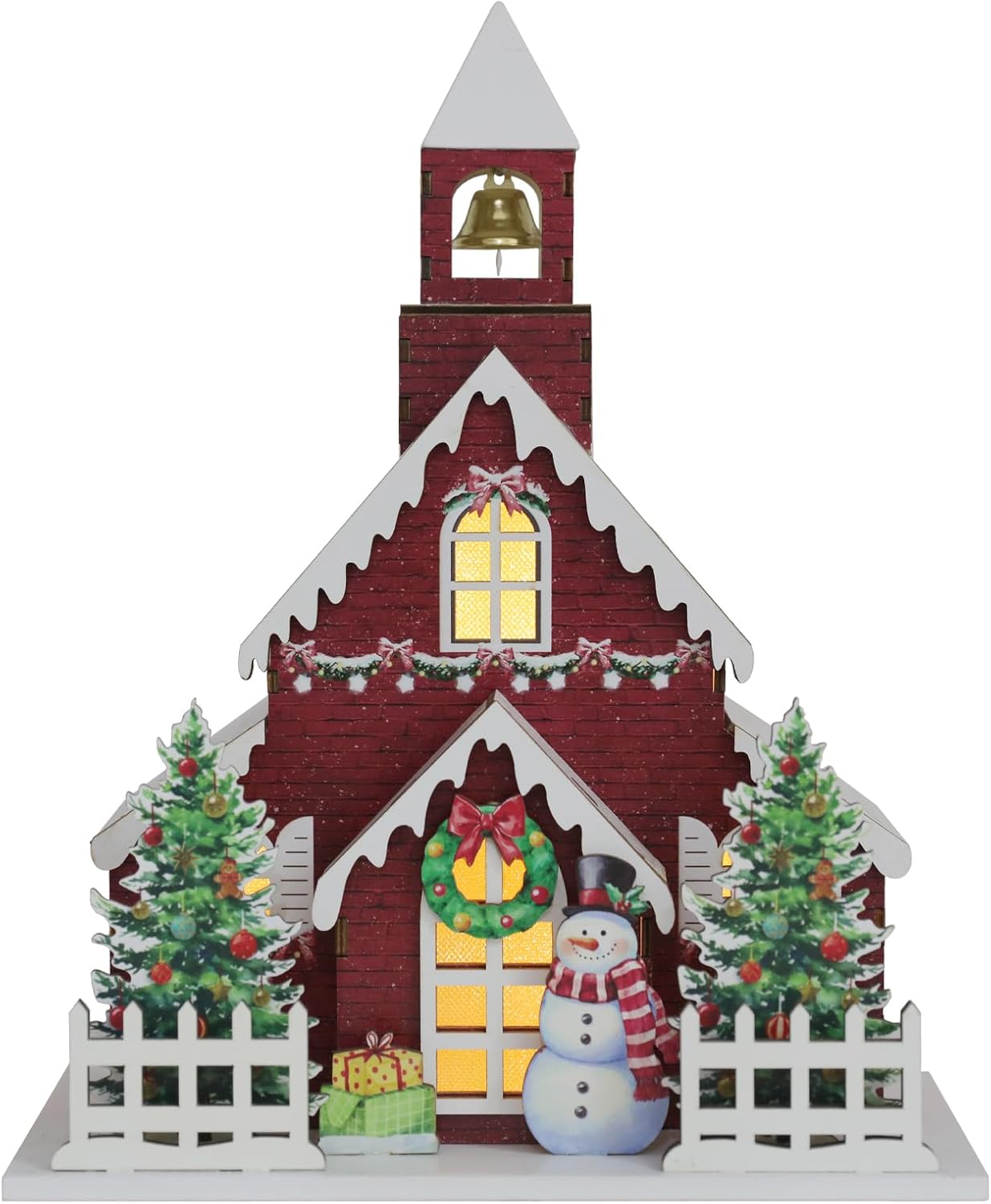 Skiennix Wooden Lighted Christmas Church Decor - 11.8" LED Village Chapel with Bell Tower | Battery Operated Rustic Tabletop Centerpiece for Holiday Home Decor