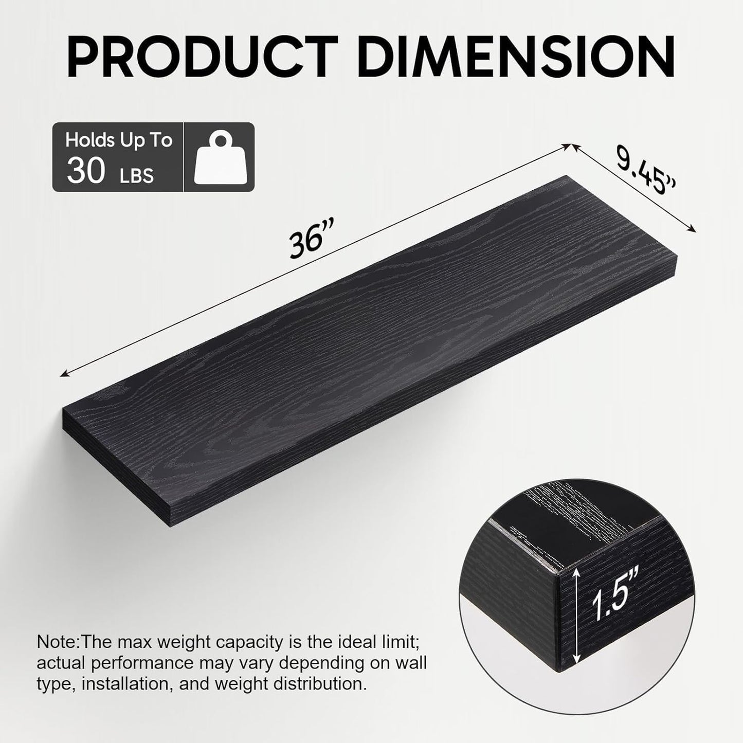 BAYKA Floating Wall Shelves - Rustic 36-Inch Wood Design for Bathroom, Bedroom, Kitchen | Set of 2 (Black)