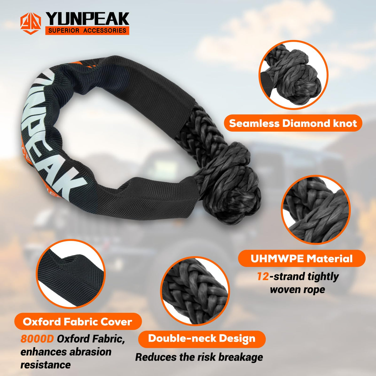 YUNPEAK 1.26" x 30ft Heavy-Duty Kinetic Recovery Rope – 56,000lbs Break Strength – Includes 2 Ultra-Strong UHMWPE Soft Shackles – Ideal for Trucks, SUVs, Jeeps, UTVs, ATVs & Tractors (Black)