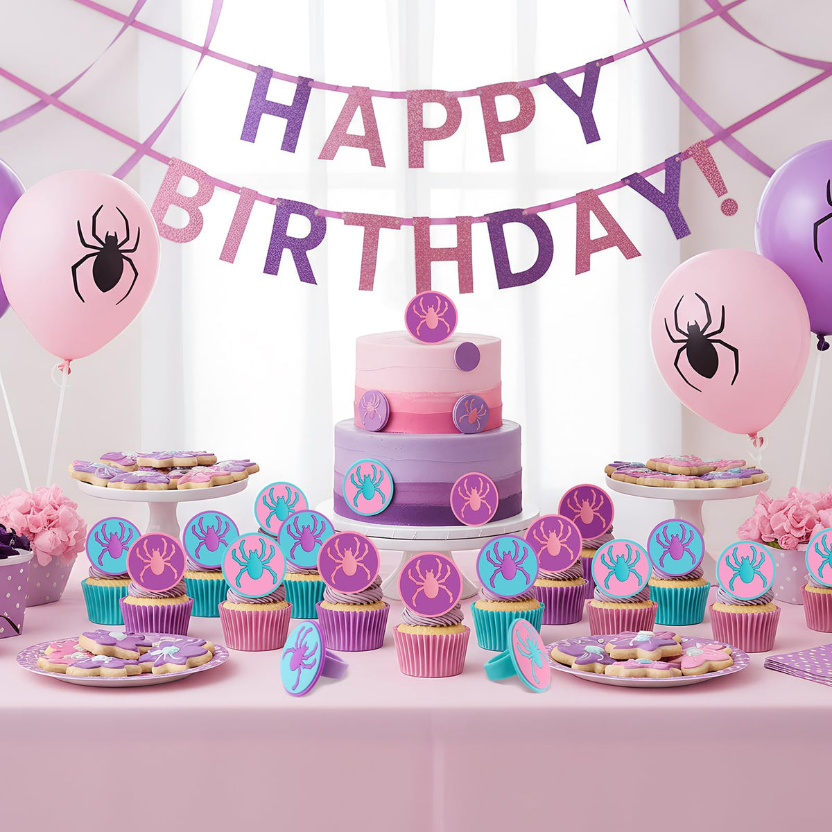 RoundFunny 48 Pcs Spider Cupcake Toppers Cake Decorations Spider Birthday Party Decoration Cupcake Dessert Rings Toppers for summer Party Gifts Classroom Prizes(Teal/Purple/Pink)