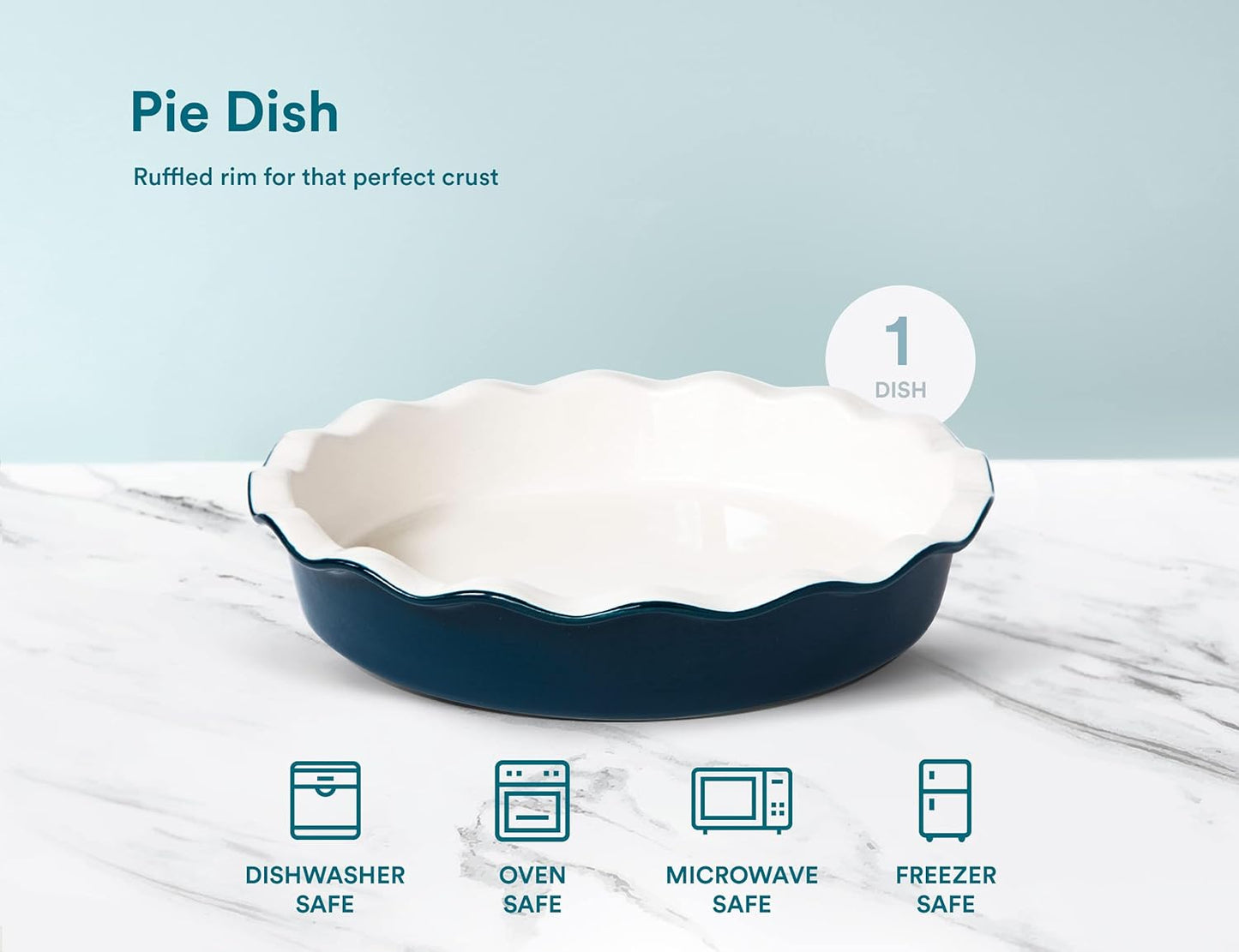 KooK Deep Dish Pie Plate - 10 Inch Porcelain Ceramic Dish with Ruffled Edge | Oven & Dishwasher Safe, Navy