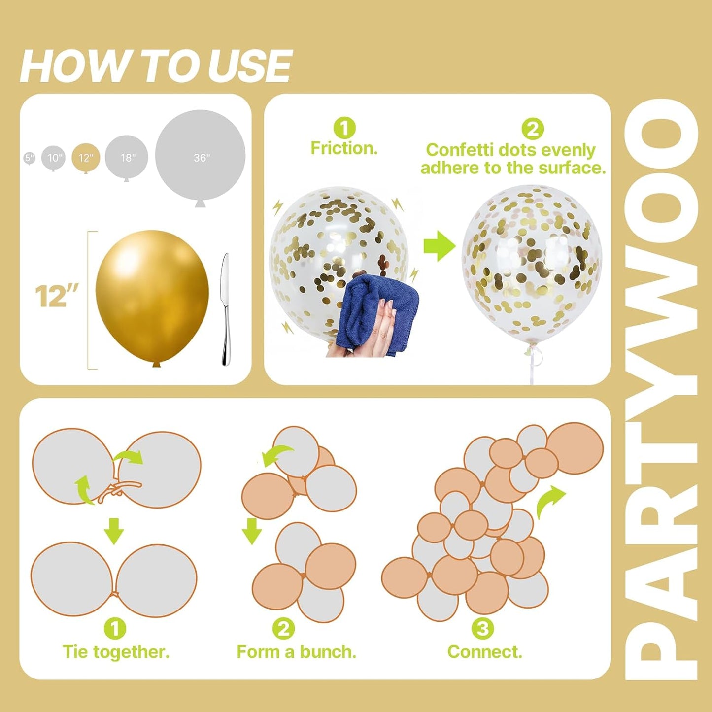 PartyWoo Gold and Black Balloons - 100pcs 12-Inch Metallic Balloons for Celebrations & Events