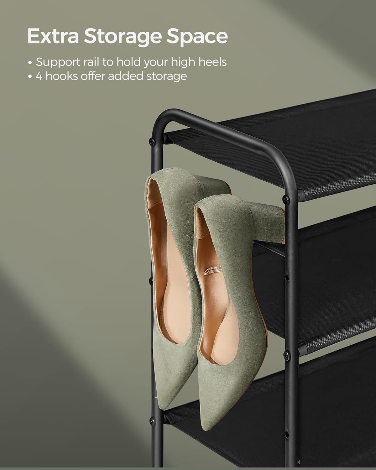 SONGMICS 3-Tier Shoe Rack - Height-Adjustable Fabric Organizer with 4 Hooks | Holds 18 Pairs - Ink Black