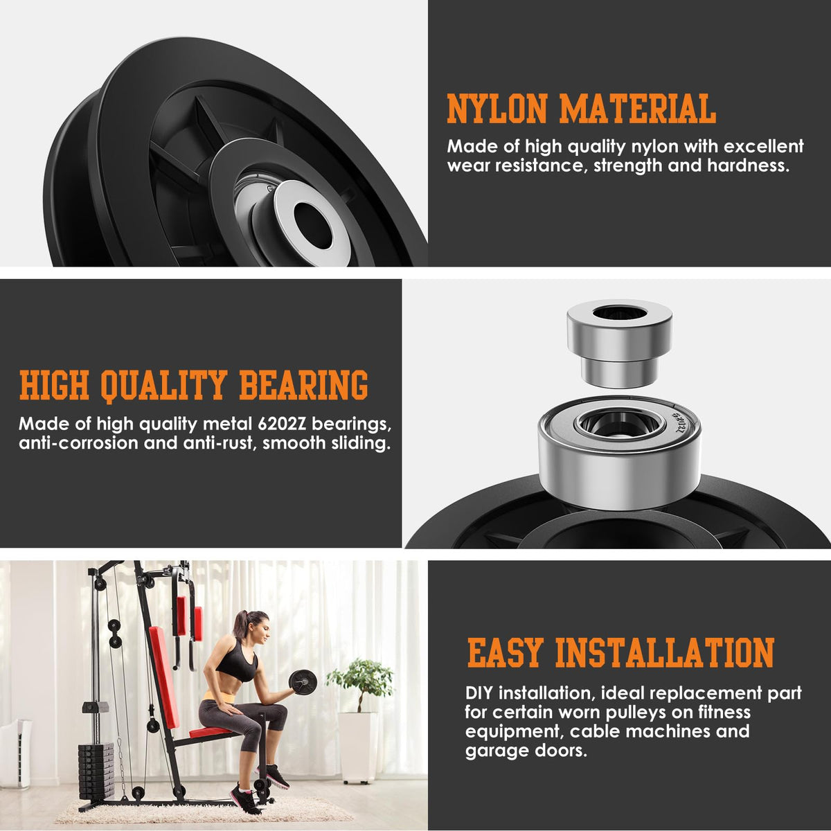 Anobeyi 90mm/3.5" Nylon Bearing Gym Pulley Wheel, Universal Exercise Replacement Pulleys for Home Gym Equipment Parts, Cable Machine Accessories, Garage Door Wheel System (Black-1pc)