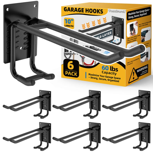 6 Pack Garage Hooks 10 INCH Heavy Duty Two-Tier Steel Shed Wall Mount Workshop Garage Storage Tool Organizer Hooks for Hanging Garden Tool, Hose, Ladder, Chairs, Bikes with Anti-Slip Coating