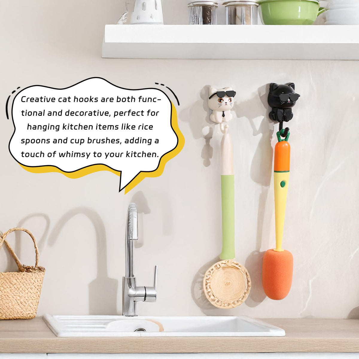 SHBLOMK Adhesive Coat Hooks Key Holder, Creative Adhesive Cute Cat Key Hook, Home Storage Utility Wall Decorations for Hanging Hat, Key, Towel, Scarf, Bags, Punch Free (Black+White)