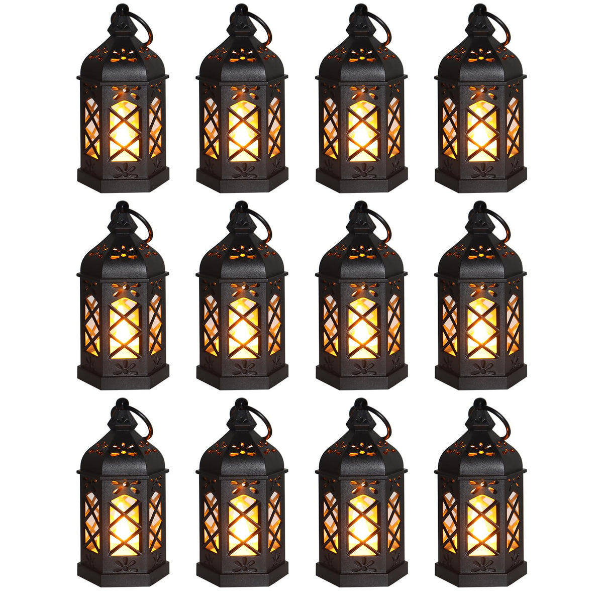 Reperla 12-Pack Mini Lanterns, Small Candle Lanterns Decorative, Black Tea Light Lantern, Ramadan Eid Decor, Table Centerpiece for Wedding Halloween Christmas, Easter Decorations, Battery Included