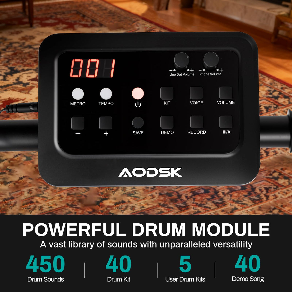 AODSK Electric Drum Set with Quiet Mesh Pads,Electronic Drum for Beginner,USB MIDI,Throne,Headphones,Sticks, Included 40 Kits and 450 Sounds
