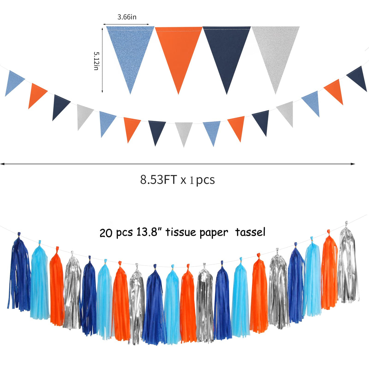 Blue-Silver Orange Space Party-Decorations Streamers-Garland - 30pcs Graduation 2025 Tissue Pom Poms,Tassel Banner Backdrop Birthday Boy Baby Shower Decor Bunting Lasting Surprise