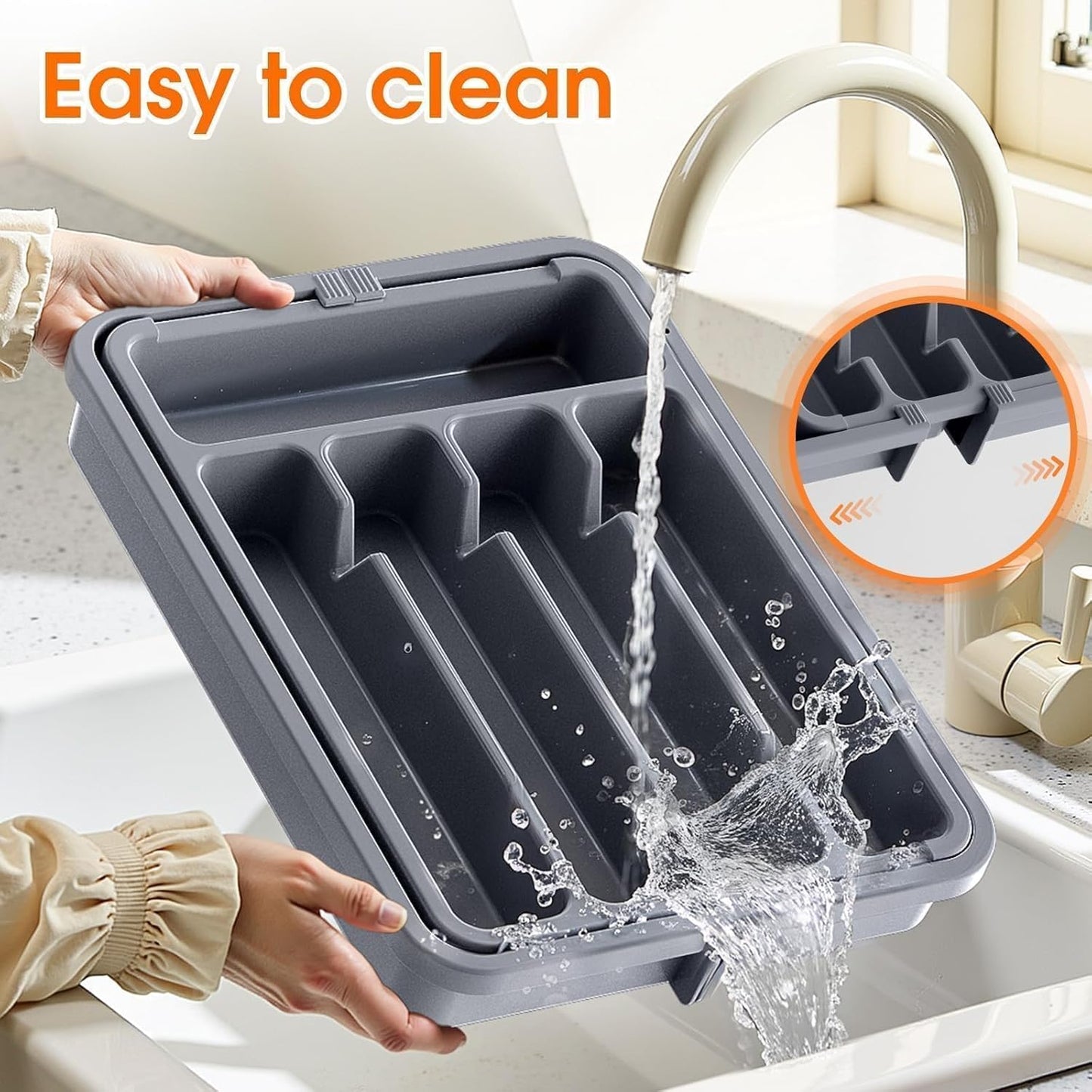 SpaceHacks Silverware Organizer - Adjustable & Expandable Utensil Holder | BPA-Free Cutlery Tray in Medium Grey