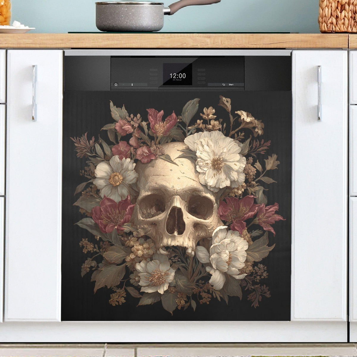 Halloween Skull White Flowers Dishwasher Magnet Cover for The Front Magnetic Dishwasher Magnets Decorative Cover Panel Magnetic Refrigerator Covers for Kitchen Farmhouse Home Decor - 23 X 26 in