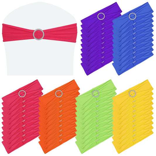 Nodaaiie 60 Pcs Stretch Spandex Chair Sashes Bands Bows with Buckle Slider, 6 Colors, for Wedding Party Banquet Reception Baby Shower Event Decorations
