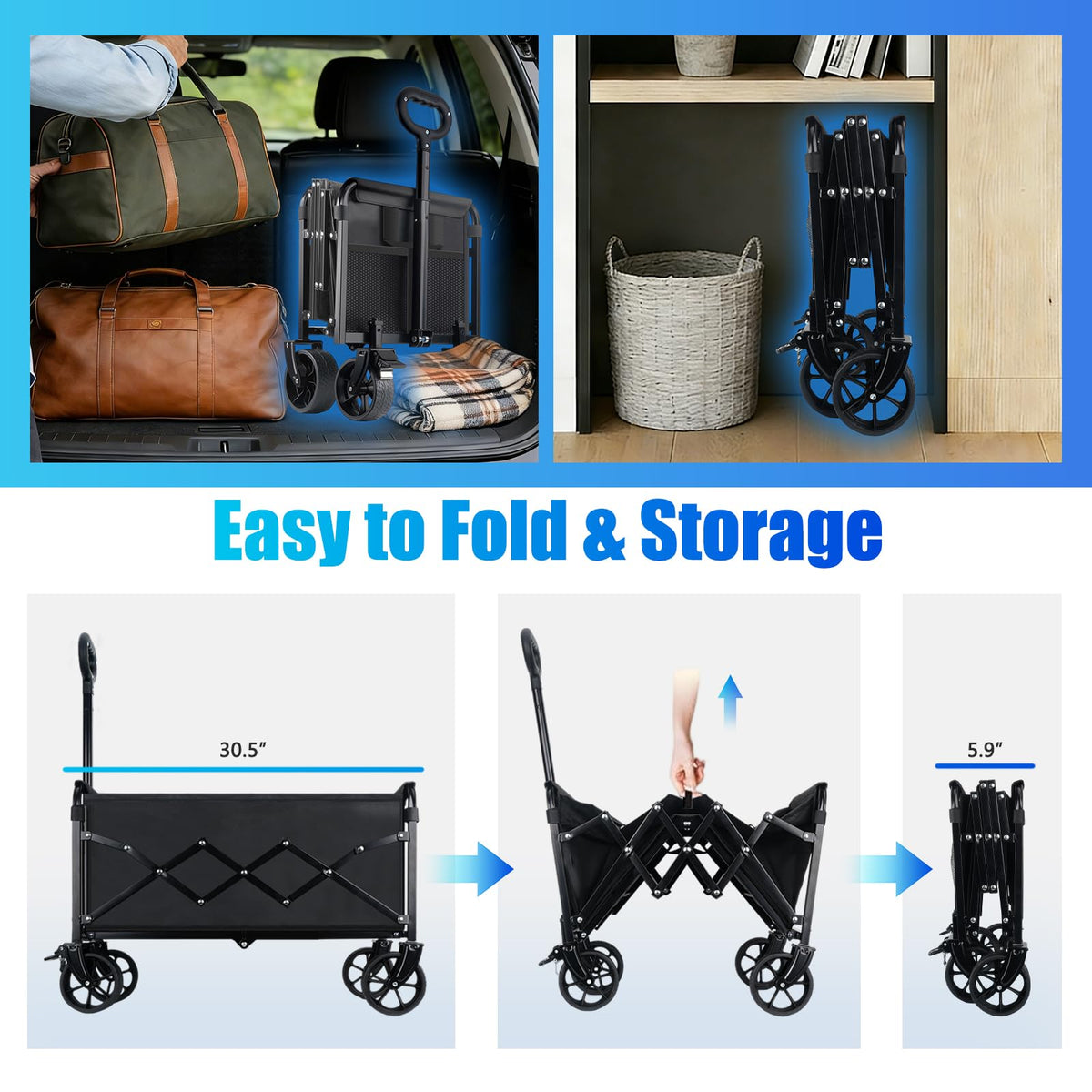 Collapsible Wagon Cart Foldable with Wheels - 360LBS Large Heavy Duty Folding Utility Wagon with All-Terrain Wheels & Brakes for Shopping Garden Beach Camping, 2 Drink Holders/Lightweight/Black