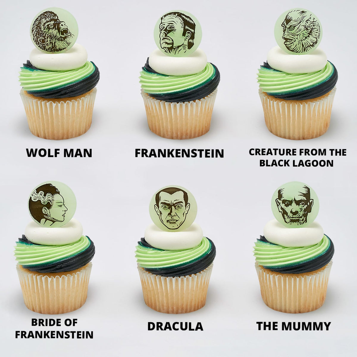 24 Universal Monsters Glow In The Dark Cupcake Rings, Halloween Cupcake Decorations, Including Dracula, Frankenstein, Wolf Man, The Mummy, Invisible Man, Food Safe Cupcake Toppers – 24 Pack