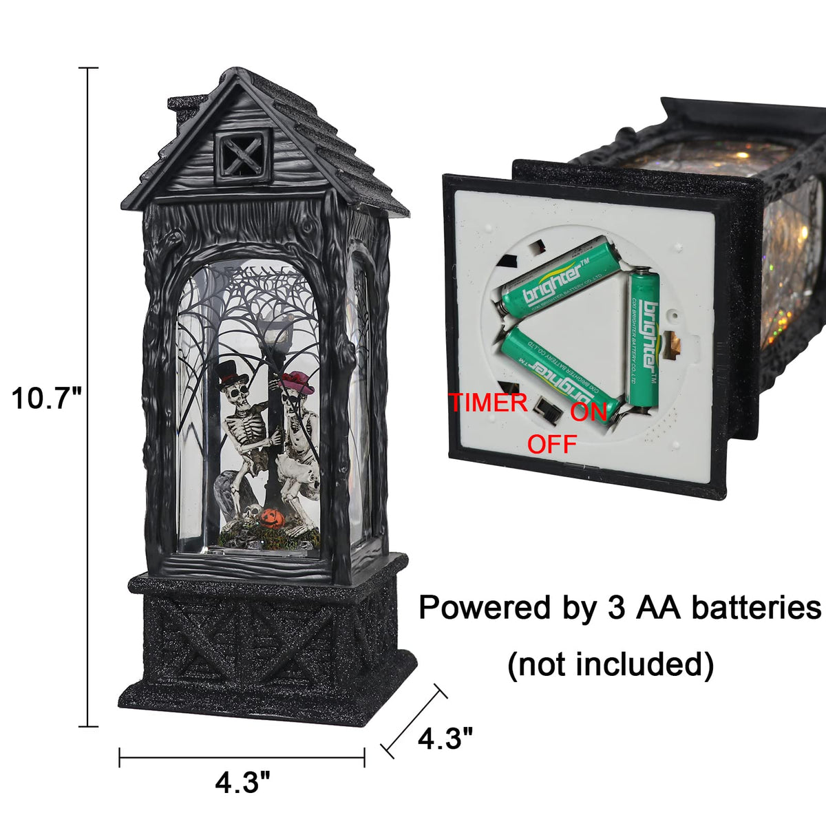 DRomance Halloween Snow Globe Projection Lantern with 6 Hour Timer, 3 AA Batteries Operated & USB Powered Skeleton Lighted Water Lantern Glittering Halloween Decor Gift, 10.7 Inch Tall