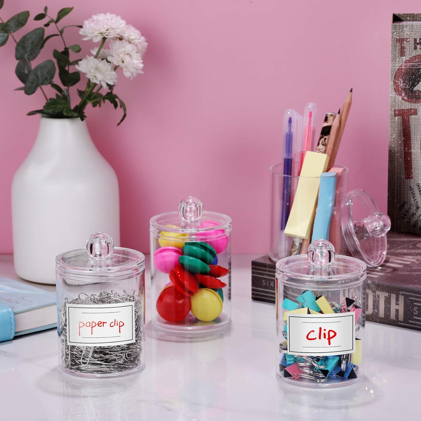 Skiennix Acrylic Qtip Holder Dispenser - Clear Plastic Canister Set for Cotton Swabs & Makeup Storage