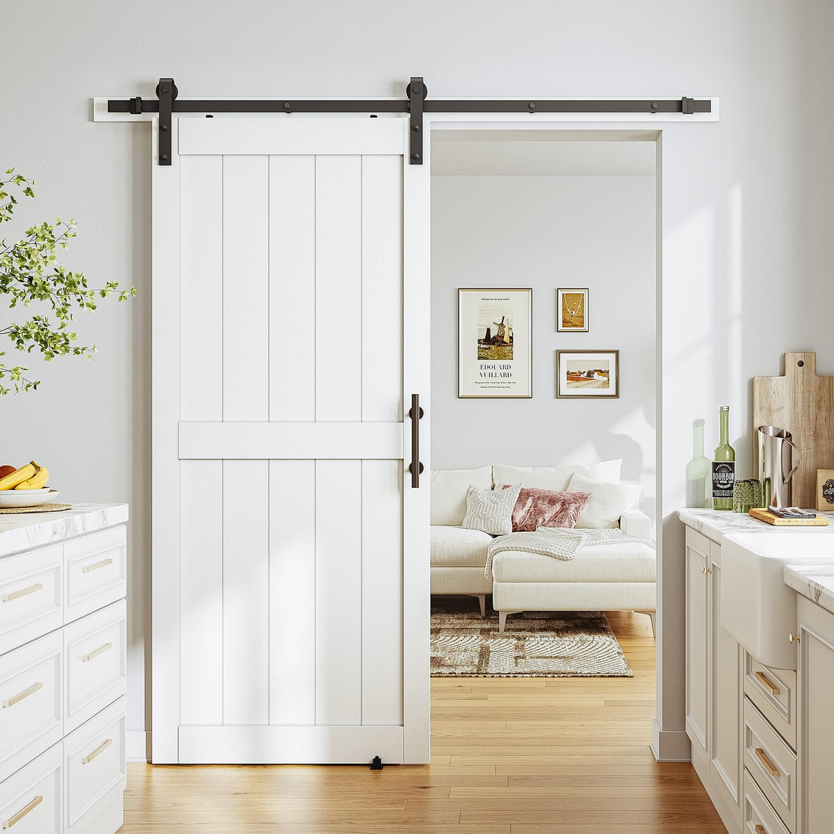 SmartStandard 38 x 84 inch White Sliding MDF Barn Door with 6.6FT Black Sliding Door Hardware Kit & Handle, Pre-Drilled Ready to Assemble, Waterproof PVC Coating, H-Frame