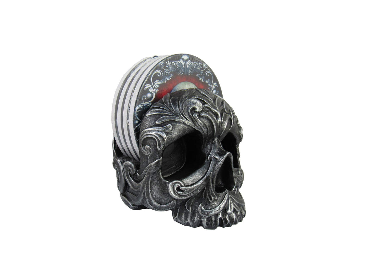 DWK Deathly Delights Decorative Gothic Skull Drink Coasters | 4 Piece Coasters for Drinks Absorbent with Holder Set | Home Decorations for Living Room | House Warming Presents - 5"