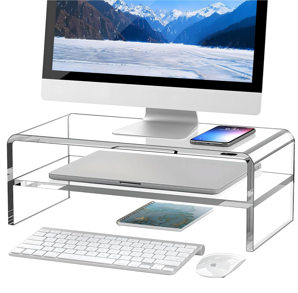 Egchi Clear Acrylic Monitor Stand Riser 2 Tier, 5.12 Inches High Clear Computer Desk Organizer Shelf for Multi Media PC Storage Laptop