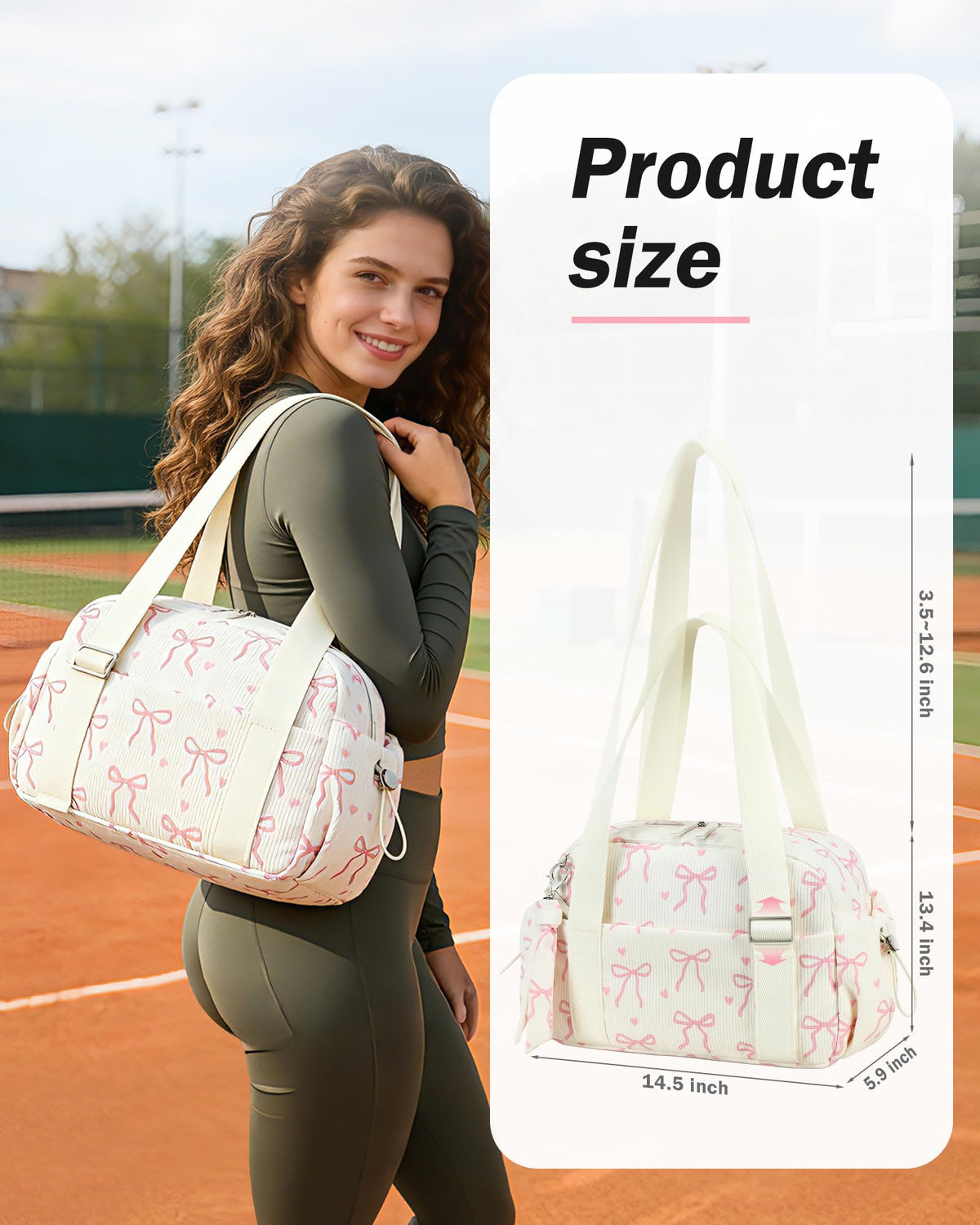 LOIDOU Mini Gym Bag for Women Girls, Small Corduroy Sports Duffel with Wet Pocket and Adjustable Strap, Cute Bow Workout Yoga Dance Tote, Travel Carrying Fits Shoes (Pink Bow-Beige)