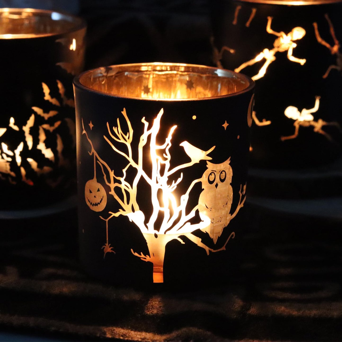 SHMILMH Halloween Glass Candle Holders Set of 4, Votive Tealight Holder Candle Jar for Making Candle, Halloween Office Kitchen Mantel Table Centerpiece Decoration