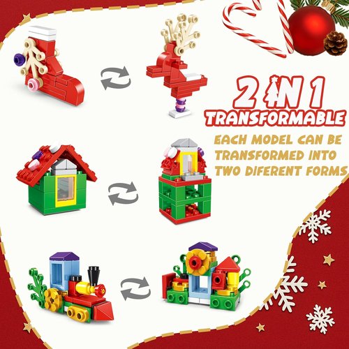 Building Toys 12 Pack - 6-in-1 Mini Blocks Christmas Set | 300 Pieces for Kids Ages 6-12