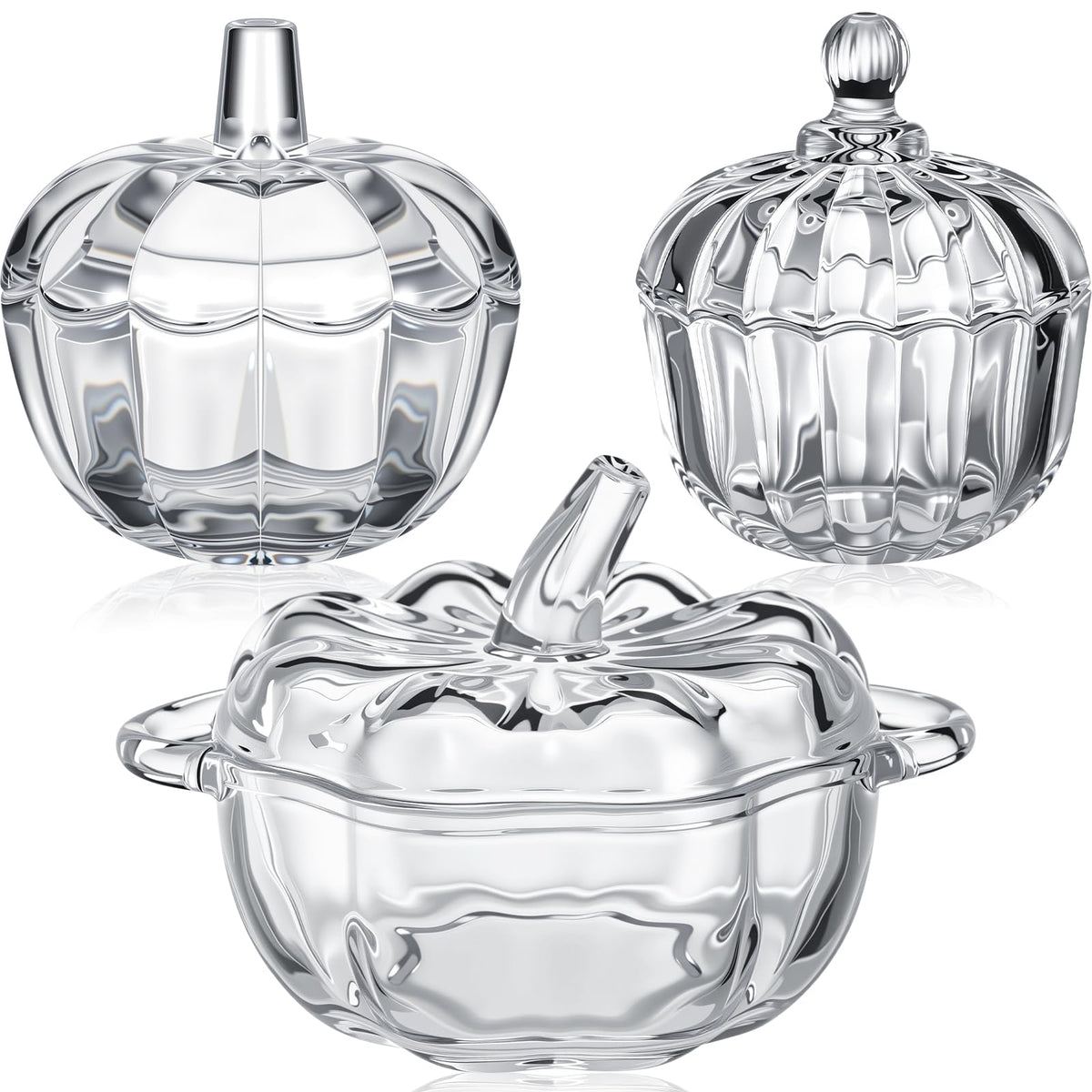 Mimorou 3 Pcs Glass Pumpkin Candy Jar Thanksgiving Clear Candy Bowl Storage with Lids 3 Sizes Fall Cute Snack Crystal Jars for Home Decoration Thanksgiving Centerpieces Wedding Party