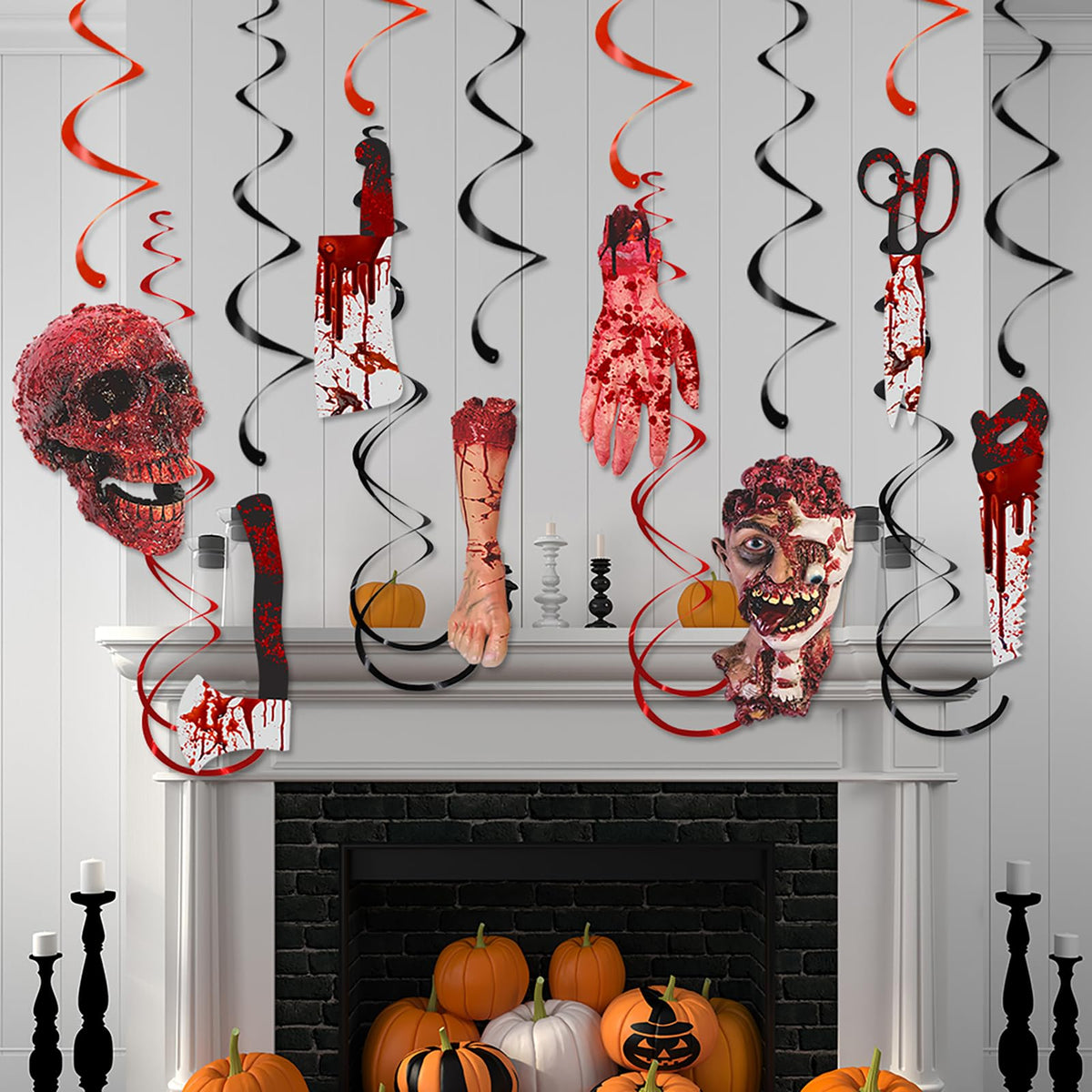 Halloween Bloody-Scary Indoor-Outdoor Party-Decoration Garland - 12pcs Creepy Skulls Zombie Skeleton Haunted House Swirl Streamers Banner,Window Fireplace Classroom Hanging Decor Lasting Surprise