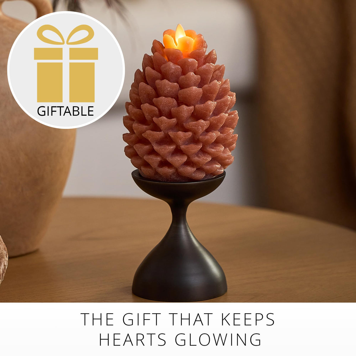 Luminara Flameless Candle 4.7" x 6" Battery Operated with Timer Real Wax Unscented LED Pinecone Caramel Café Chalky Finish Pine Cone Figural Holiday Decoration Rustic Centerpiece Table Decor