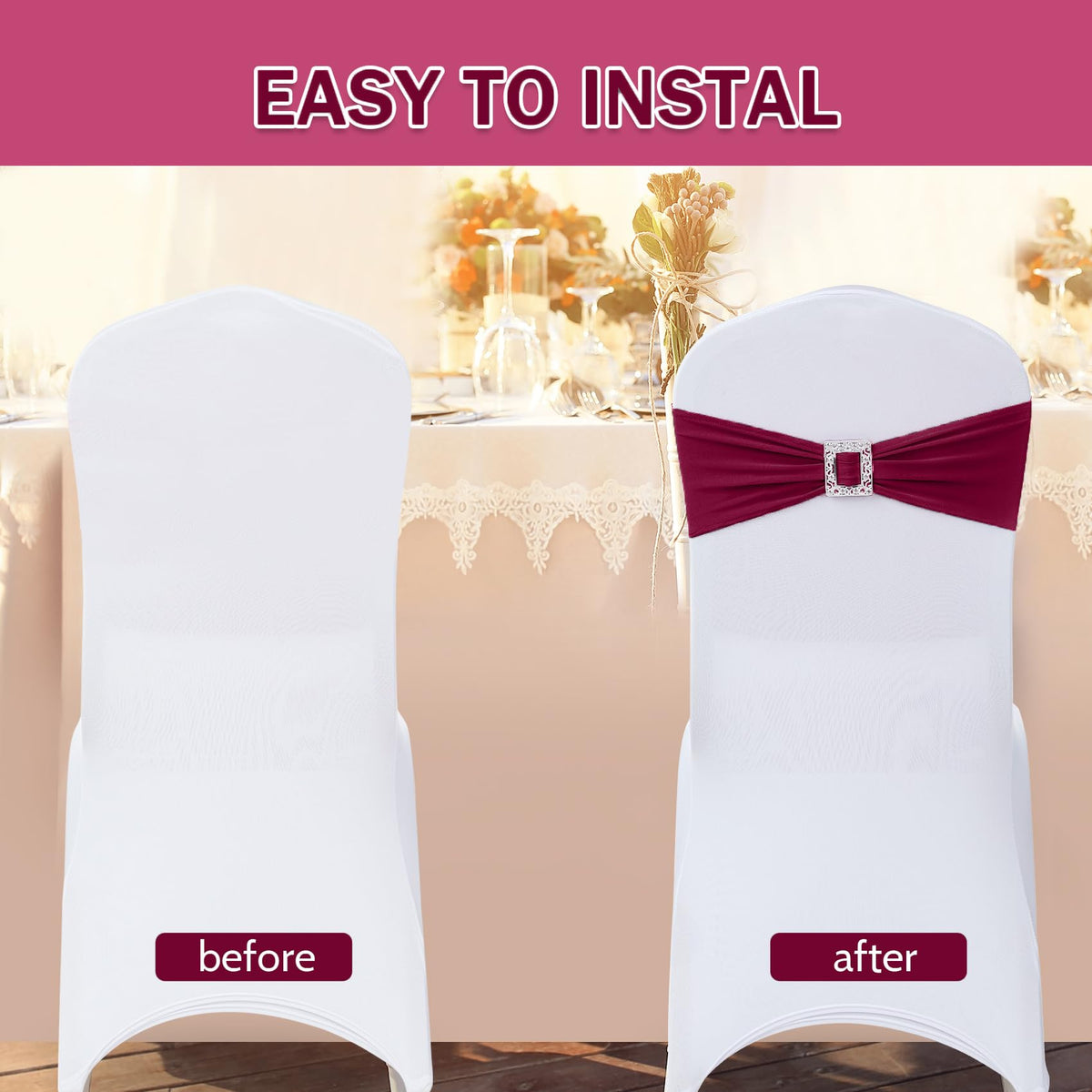 Joccun 60 PCS Spandex Chair Sashes Bows Stretch Chair Cover Band with Buckle Slider Universal Elastic Chair Ties for Wedding Banquet Party Event Decoration (Burgundy)