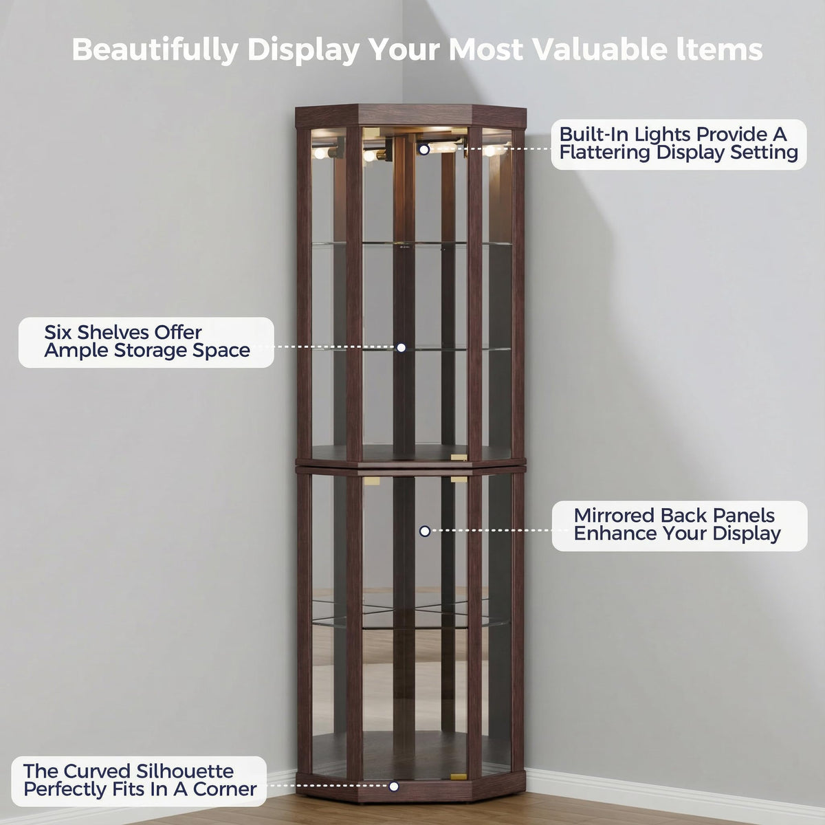 Topcomfy Corner Curio Cabinet, Lighted 3-Side Glass Display Curio Cabinet with Tempered Glass Doors & Adjustable Shelves, Wine Bar China Cabinet with Bulb for Living Room (Dark Cherry)