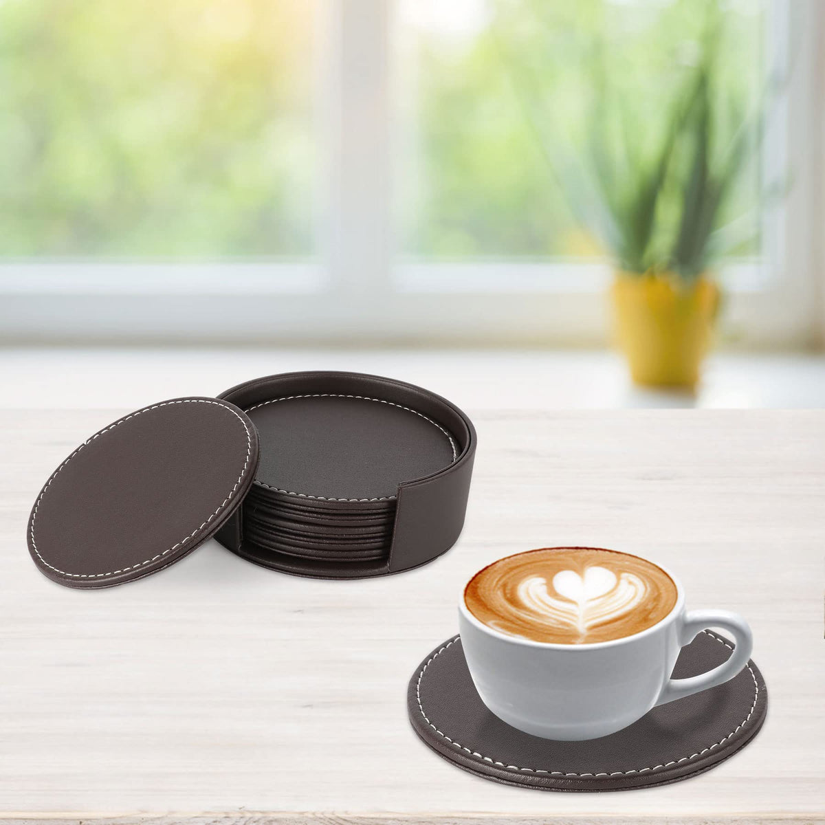 AUMISKY Leather Coasters for Drinks(6 Pack), Handmade Durable Drink Coasters Set with Holder for Tabletop Protection, Luxurious Home Décor and Housewarming Gift (Brown)