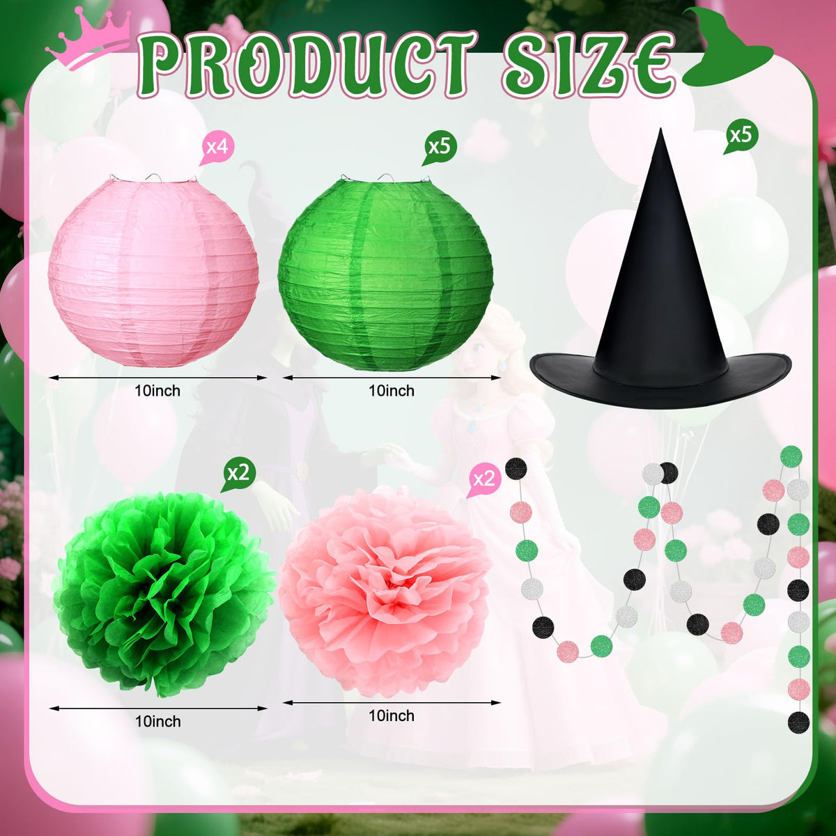 Rossesay Witch Theme Birthday Decor 10 Inch DIY Pink and Green Paper Lanterns Witch Hats Party Supplies Hanging Pom Poms Hats Princess Theme Garland for Enchanted Birthday Cosplay Fantasy Celebrations