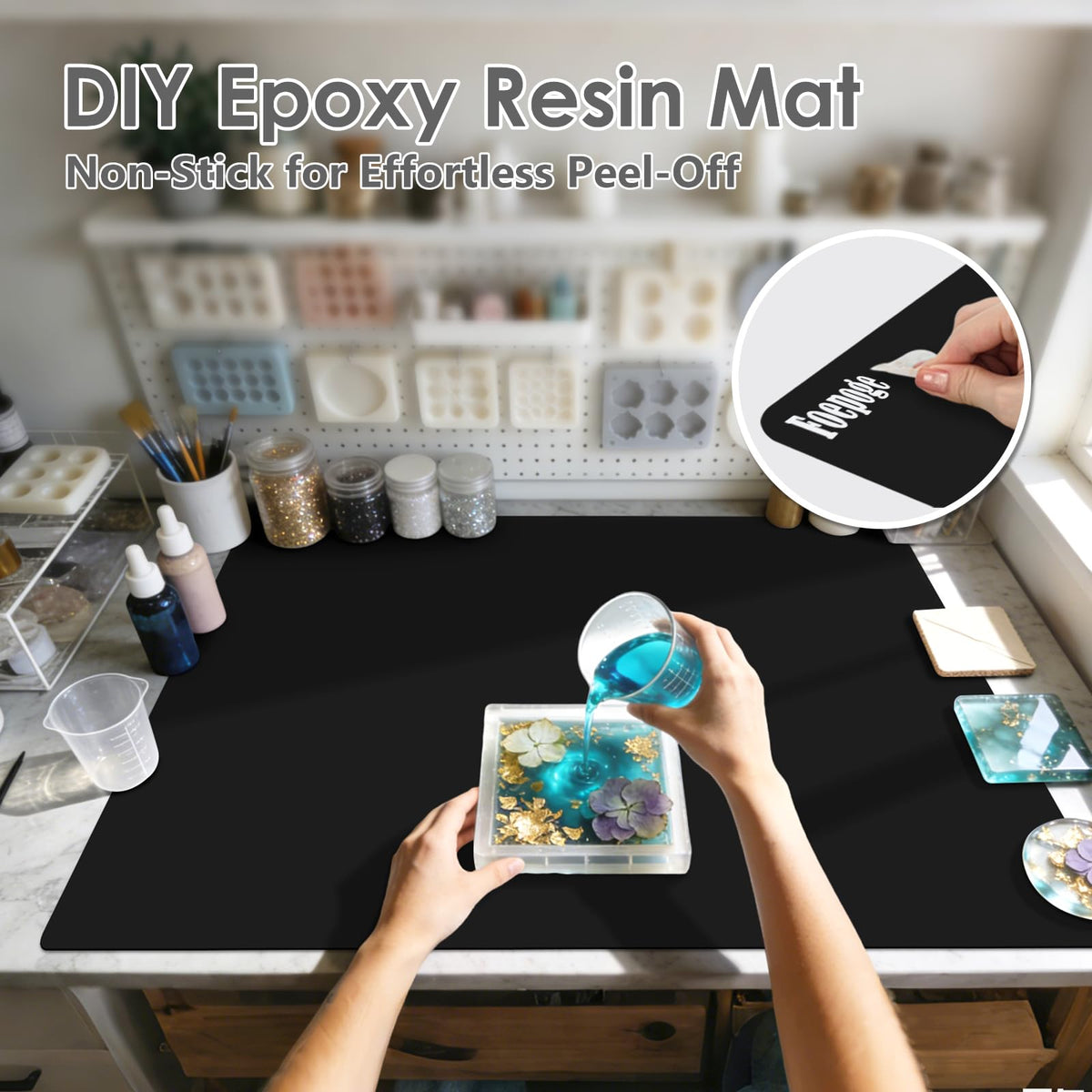 36.2" x 24" Extra Large Silicone Mat for Epoxy Resin, Nonstick Silicon Mats for Crafts Jewelry Casting, Non-Slip Kitchen Table Placemats for Countertop Protector Heat Resistant by Foepoge, Black