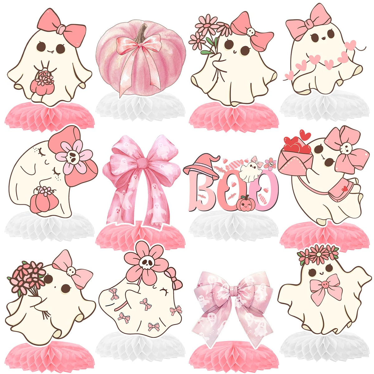 12 Pcs Pink Bow Ghost Honeycomb Centerpieces, Pink Halloween Party Favors Birthday Party Decorations Bow Ghost Centerpieces Decorations Supplies for Halloween Kids Teens Boys Girls Baby Shower