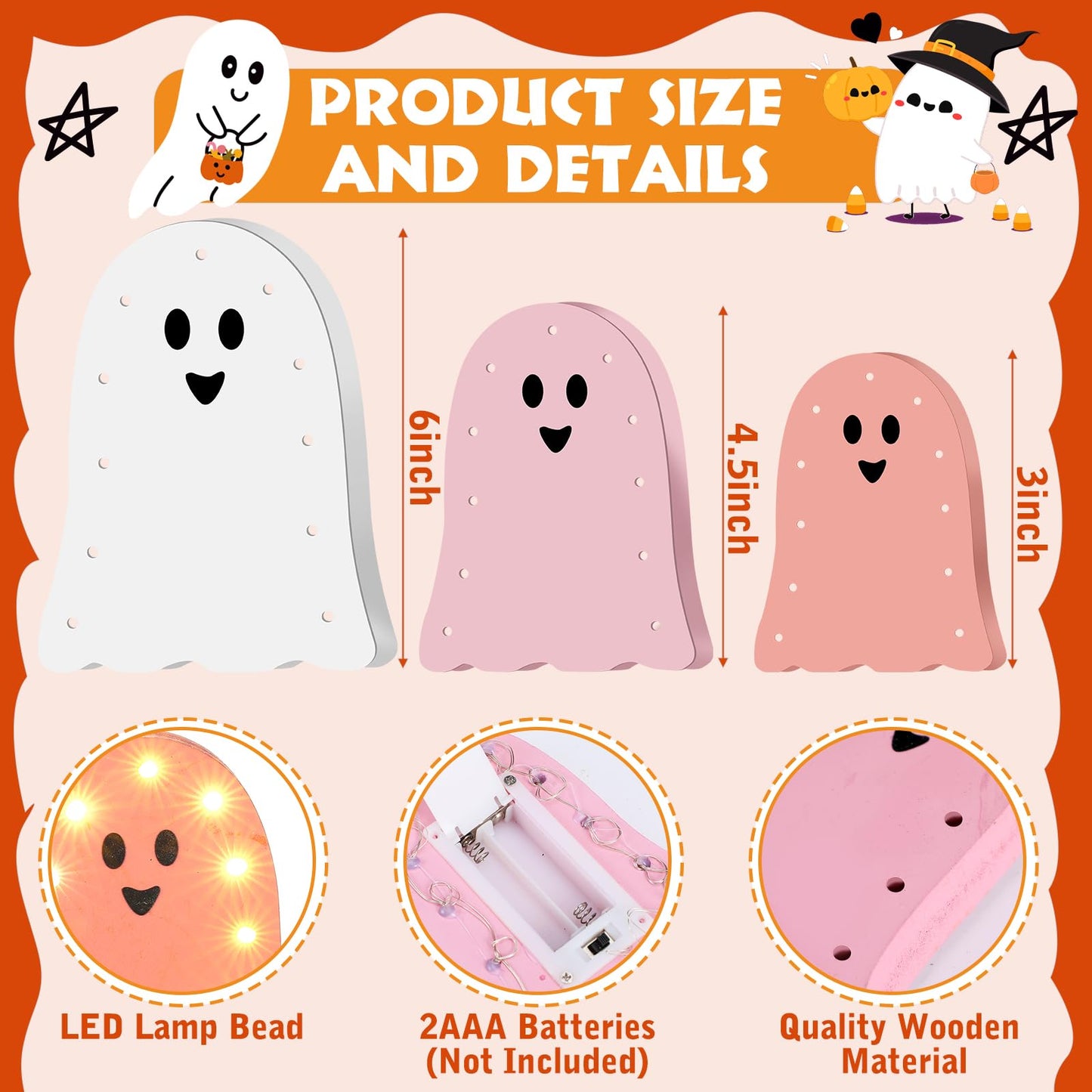Tujoe 3 Pcs Halloween Decorations Light Up Wooden Ghost Light Up Ghost Kit Pink Halloween Table Centerpiece for Home Decor Kitchen Mantel Tabletop Windowsill