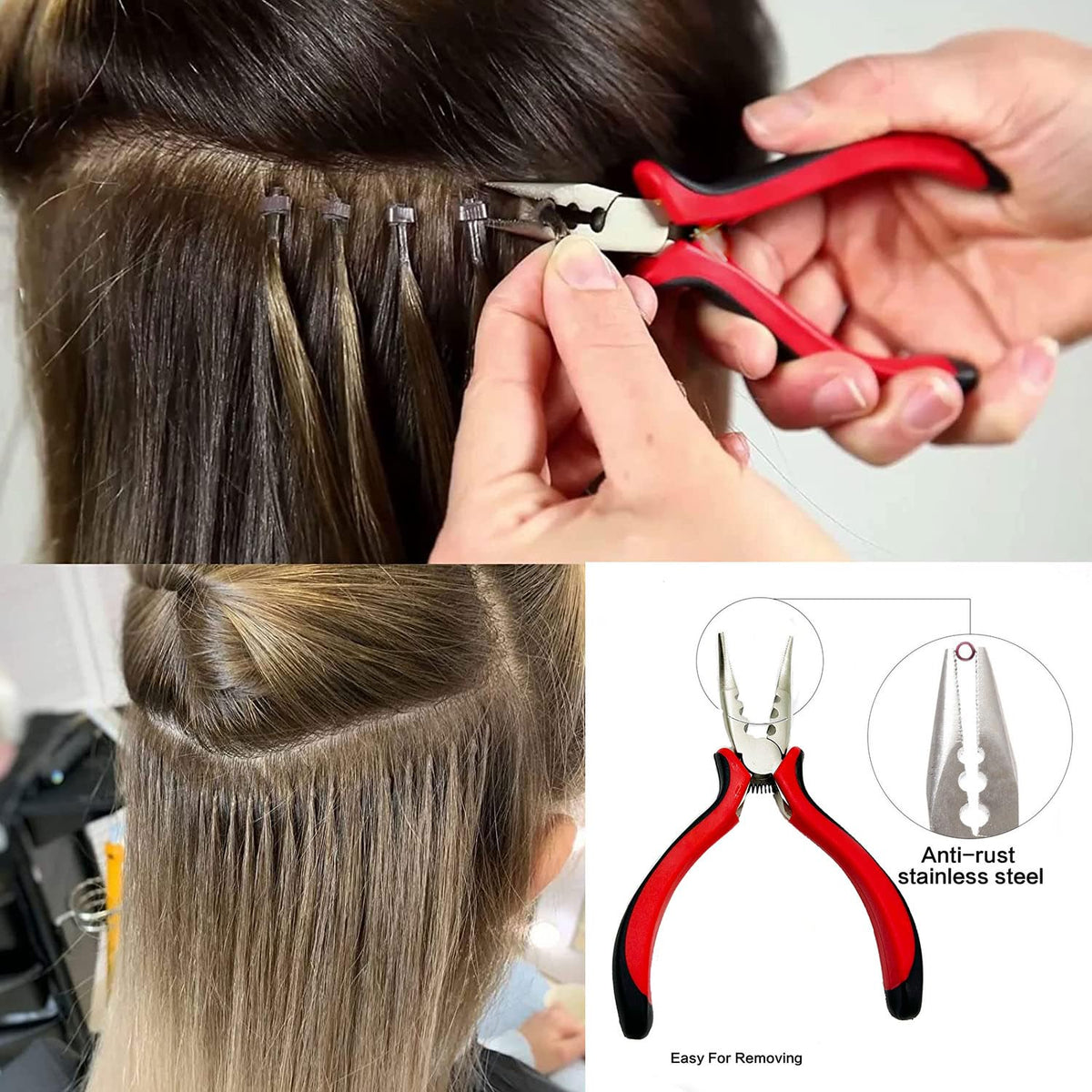 Hair Extensions Tools Kit Professional Hair Styling Tools Accessory 500 Pcs Micro Ring Beads 1 Plier 2 Hook Needle Pulling Loop 2 Plastic Alligator Hair Clips, for Fairy Hair Tinsel (Beige)