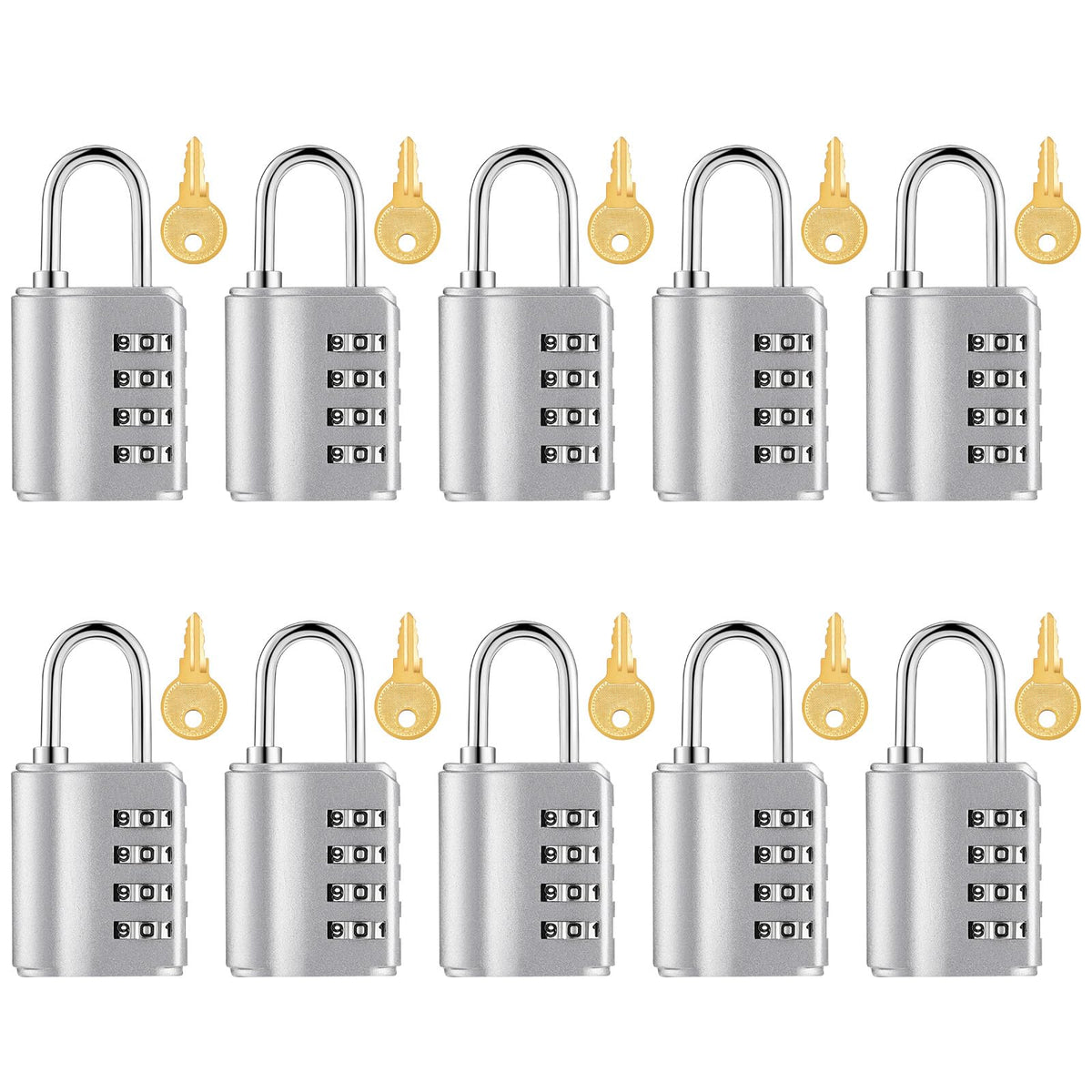 Kenning 10 Pcs Combination Padlock 4 Digit Combination Lock with Keys Locker Resetable Security Outdoor Waterproof Gate Lock for School Sports Gym Locker Employee Fence Case (Silver)