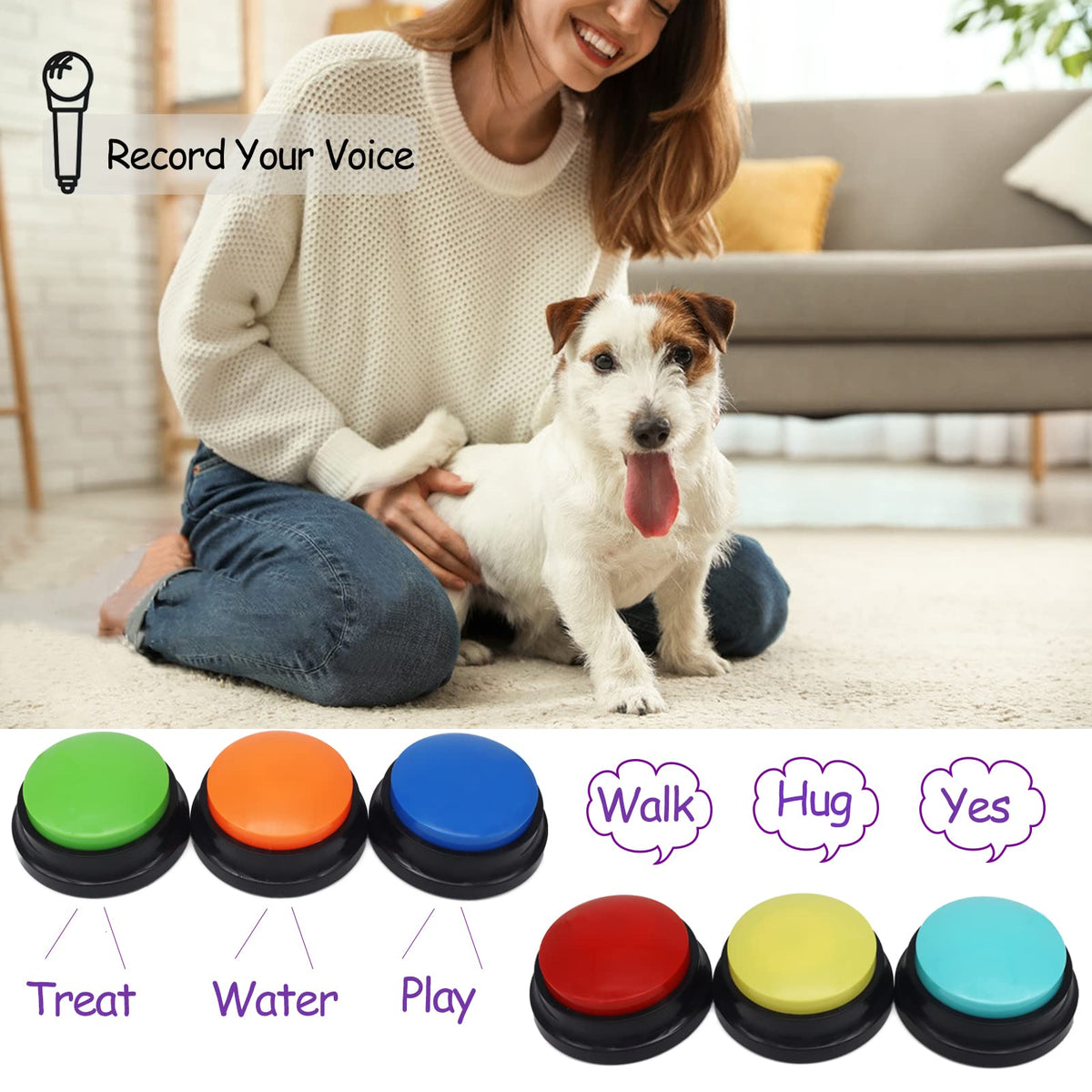 Voice Recording Button, Dog Buttons for Communication Pet Training Buzzer, 30 Second Record & Playback, Funny Gift for Study Office Home, 6 Packs