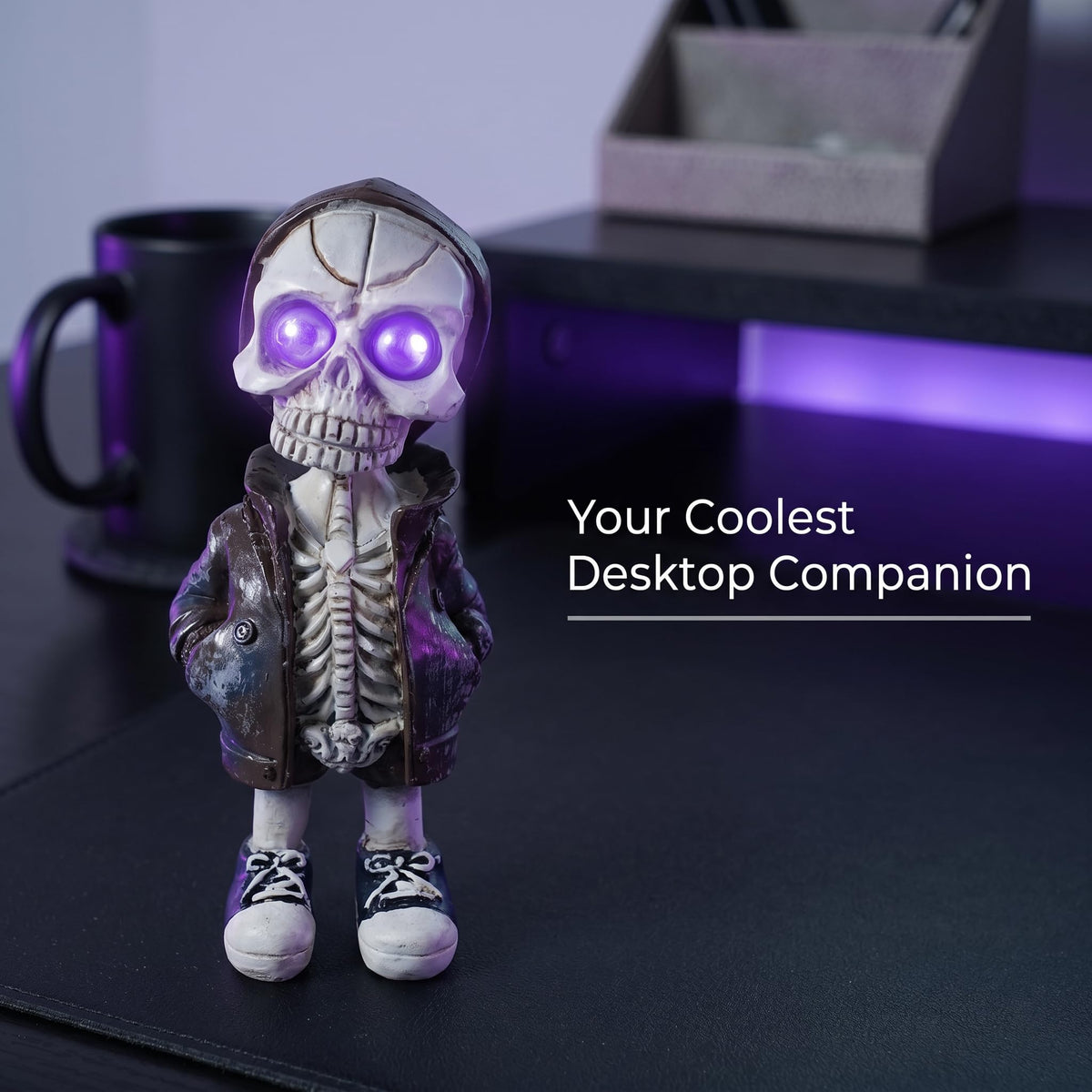 Brizoria Skeleton Decorations Skull Figurine in Hoodie with Purple Eyes Resin Gothic Tabletop Decor Small Skeleton Figure for Halloween Shelf Desk Skull Home Decor Display