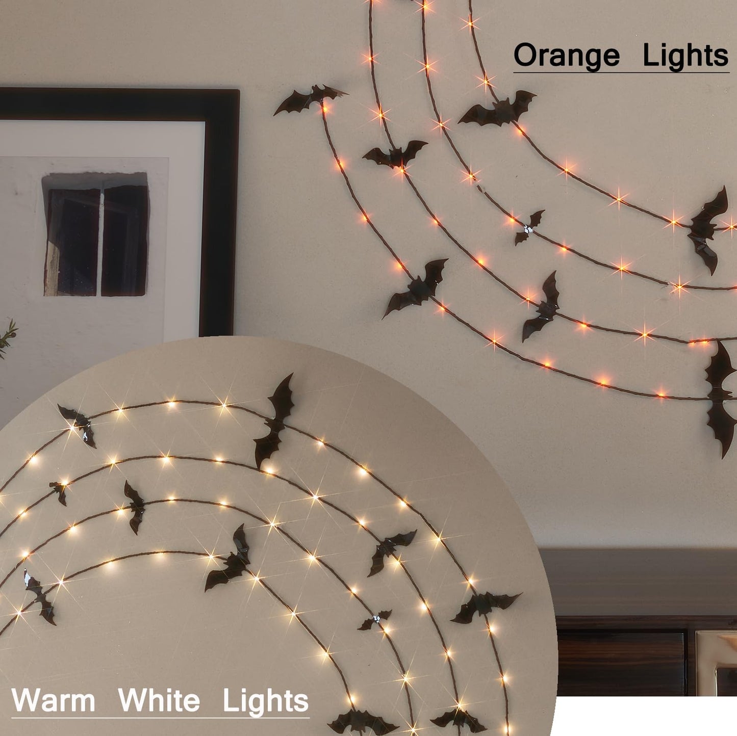 LITBLOOM Halloween Garland with Lights 6FT 80 Orange and Warm White Fairy Lights, Lighted Black Garland Battery Operated with Timer Lit Bats for Wall Porch Decoration