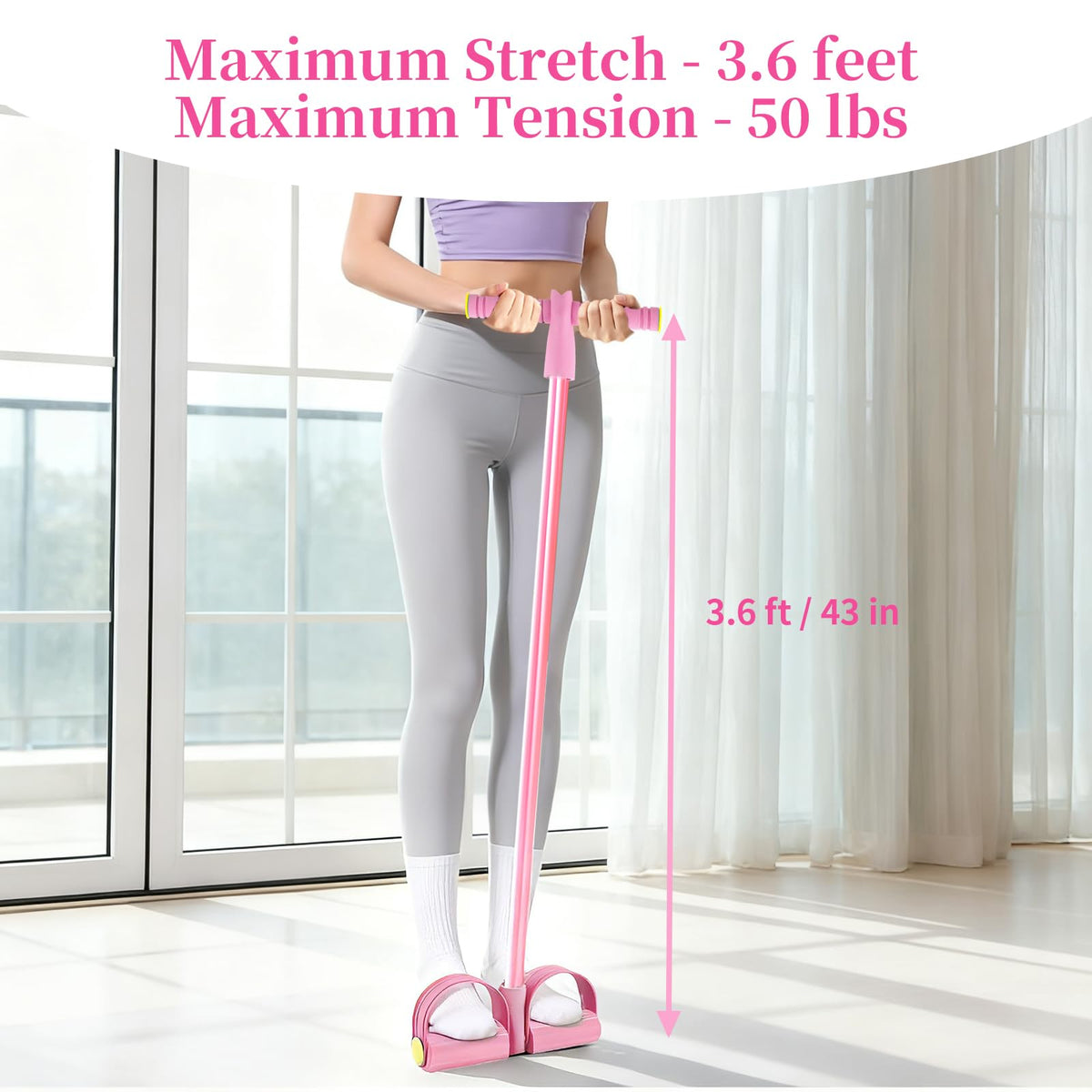 Pedal Resistance Bands with Handles, Upgrade 6-Tubes Manual Tension Training Pedal, Natural Rubber Foot Pedal Resistance Bands, Multifunction Fitness Bands for Abdomen, Waist, Arm, Leg (Pink)
