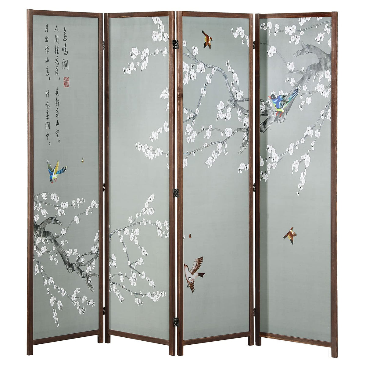 MyGift 4-Panel Asian-Inspired Folding Room Divider with Cherry Blossom Tree & Bird Design Poetry Calligraphy and Brown Wooden Frame 78''W x 70.5''H(6FT)