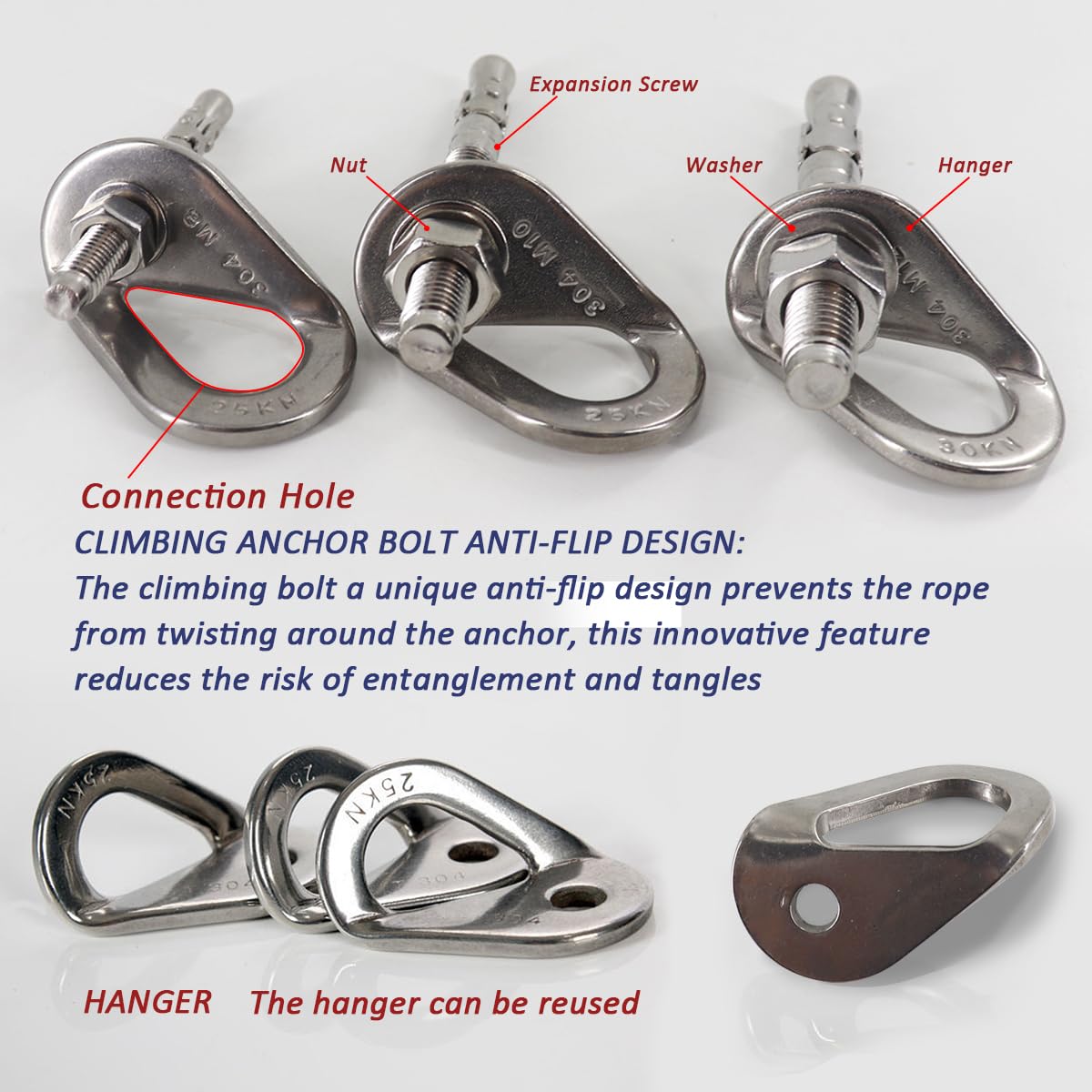 YZTONGPAO 304 Stainless Steel Climbing Anchor Bolt, 25-30KN Rock Climbing Bolt Hanger, M10 and M12 Climb Fastening Bolt Safe Fixed Point, 4 Set Rock Climbing Holds